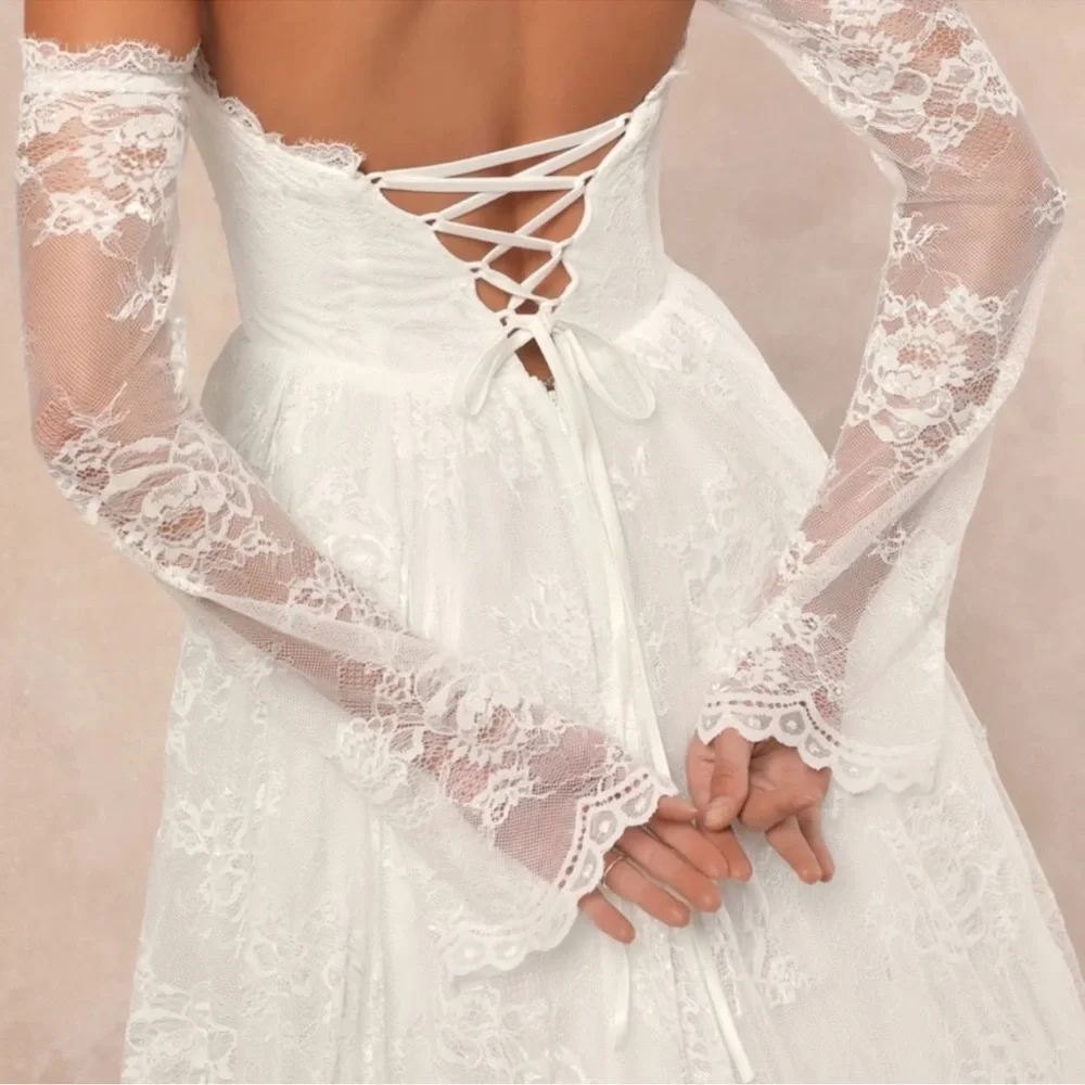 Lulu's Maurine White Lace Off-Shoulder Wedding Dress - Picture 2 of 4